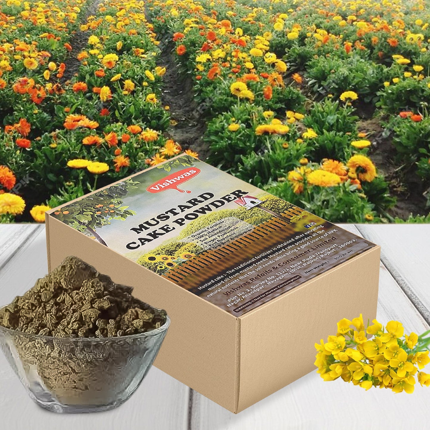 Close-up of organic mustard cake fertilizer packaging and powder