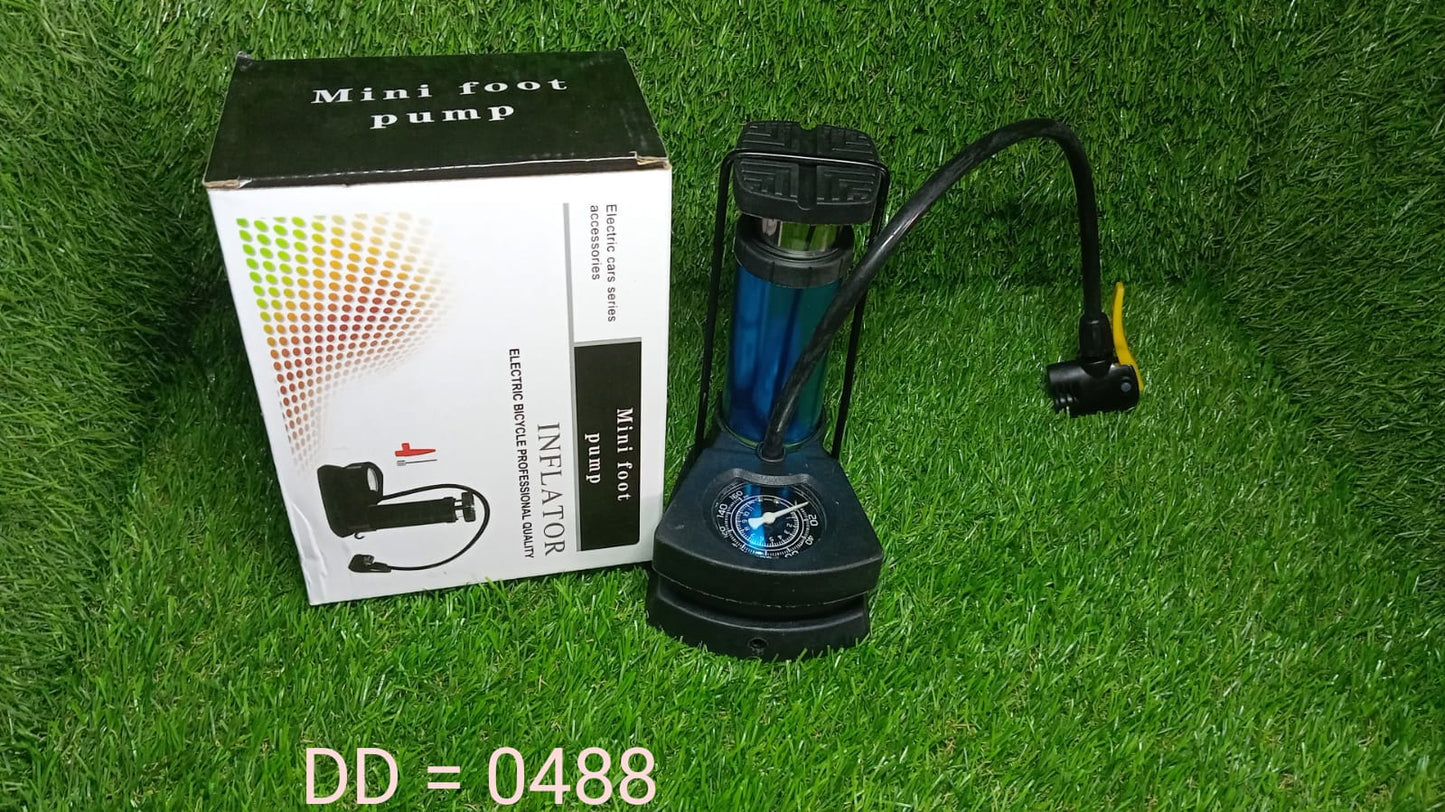 Mini foot pump displaying its various valve attachments for universal compatibility.