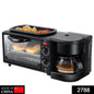 Compact 3-in-1 Breakfast Maker with toaster oven, grill pan, and coffee maker.