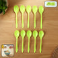 Set of 10 white plastic spoons for dining and serving, neatly arranged.