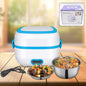 White Electric Lunch Box showcasing 3-in-1 functionality with stainless steel bowls and accessories.
