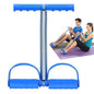 Woman performing leg and core exercises with the FitFuzion foot pedal resistance band.