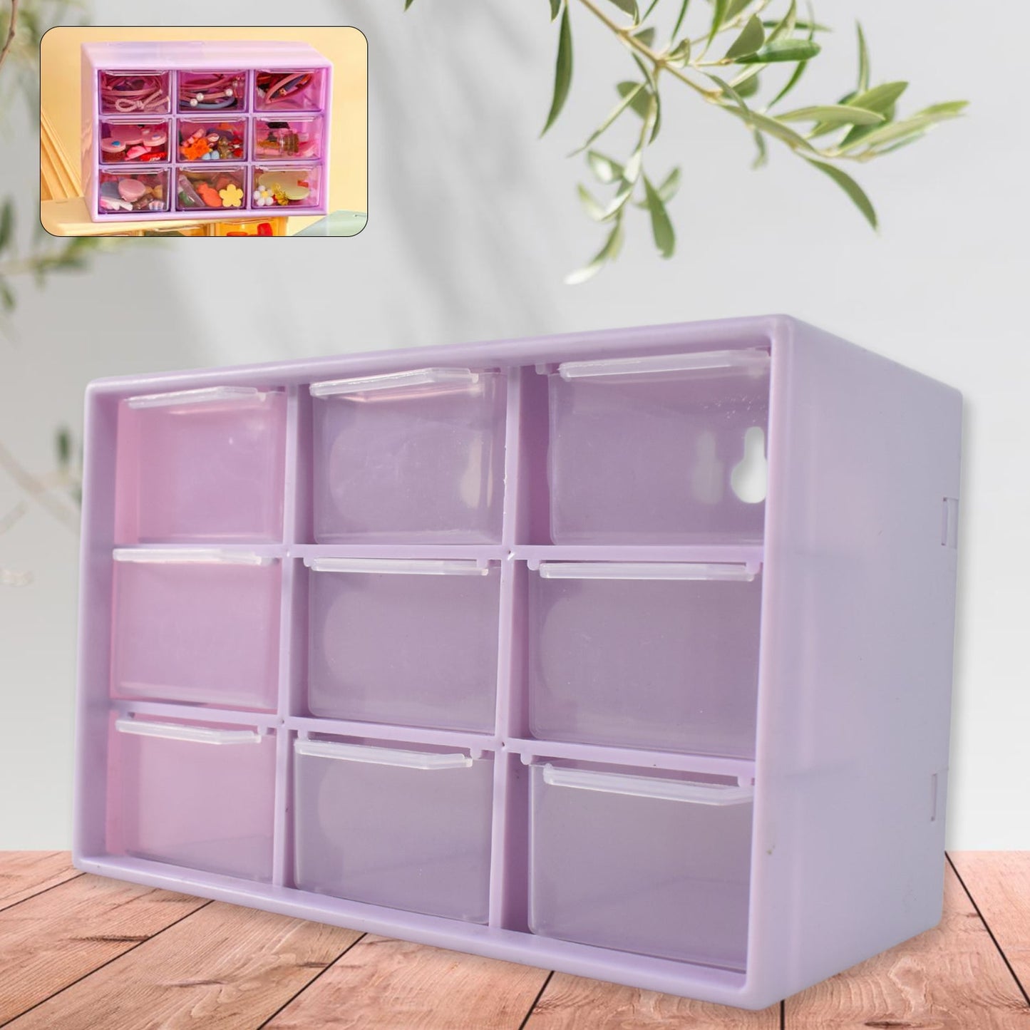 Compact plastic jewellery drawer organizer with 9 transparent compartments