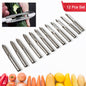 Full 12-piece stainless steel peeler set displayed on a kitchen counter, ready for use.