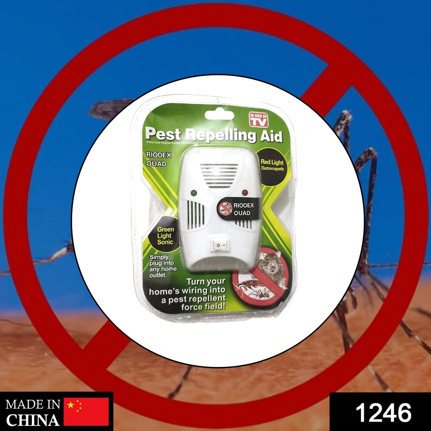 A single white pest repelling aid in its clear plastic and green cardboard packaging, against a blurry background.