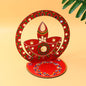 Handcrafted wooden decorative diya stand with hand-painted artwork and stones