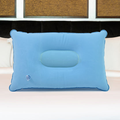 Inflatable travel pillow showing its compact size and comfortable design