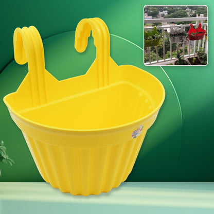 Empty multicolor plastic hanging planter ready for planting.