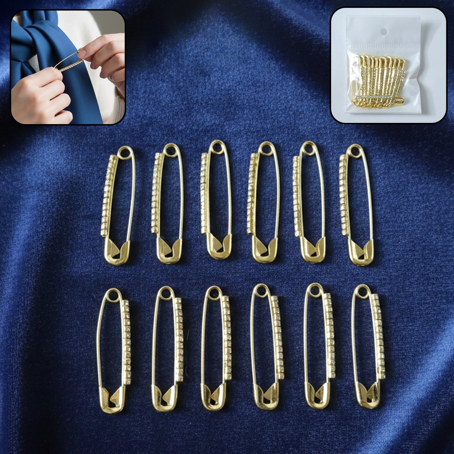 Set of golden safety pin brooches with embedded stones for shawls and scarves