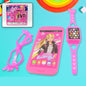 A Barbie musical phone play set featuring a pink toy phone, watch, and glasses on a white background.