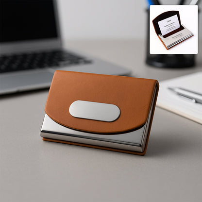 Premium leather business card holder with stainless steel base and brown PU leather