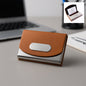 Premium leather business card holder with stainless steel base and brown PU leather