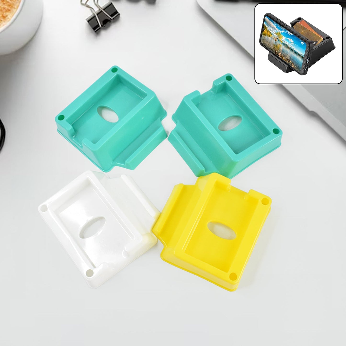 Set of 4 plastic mobile phone stand holders mounted on wall