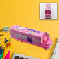 Vibrant red double decker Kids Truck Pencil Case with movable wheels and multiple compartments.