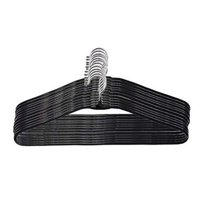 A pack of ten sleek stainless steel hangers displayed neatly against a white background.