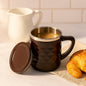Apex insulated tea and coffee mug with lid showcasing sleek metal inner cup and cool-touch exterior