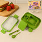Magic lunch box showing leakproof compartments and spoon-fork set inside
