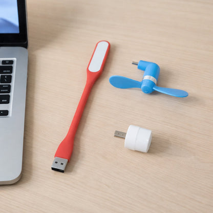 3 in 1 USB laptop accessory combo showing USB LED light, mini fan, and OTG adapter