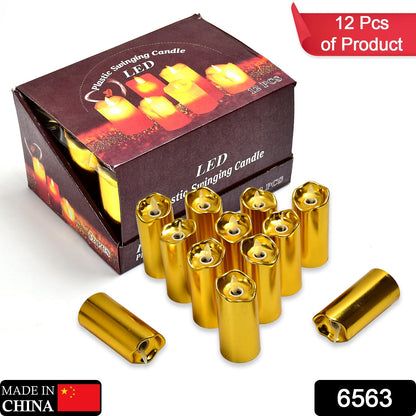 A dozen golden battery-operated flickering LED candles arranged together.