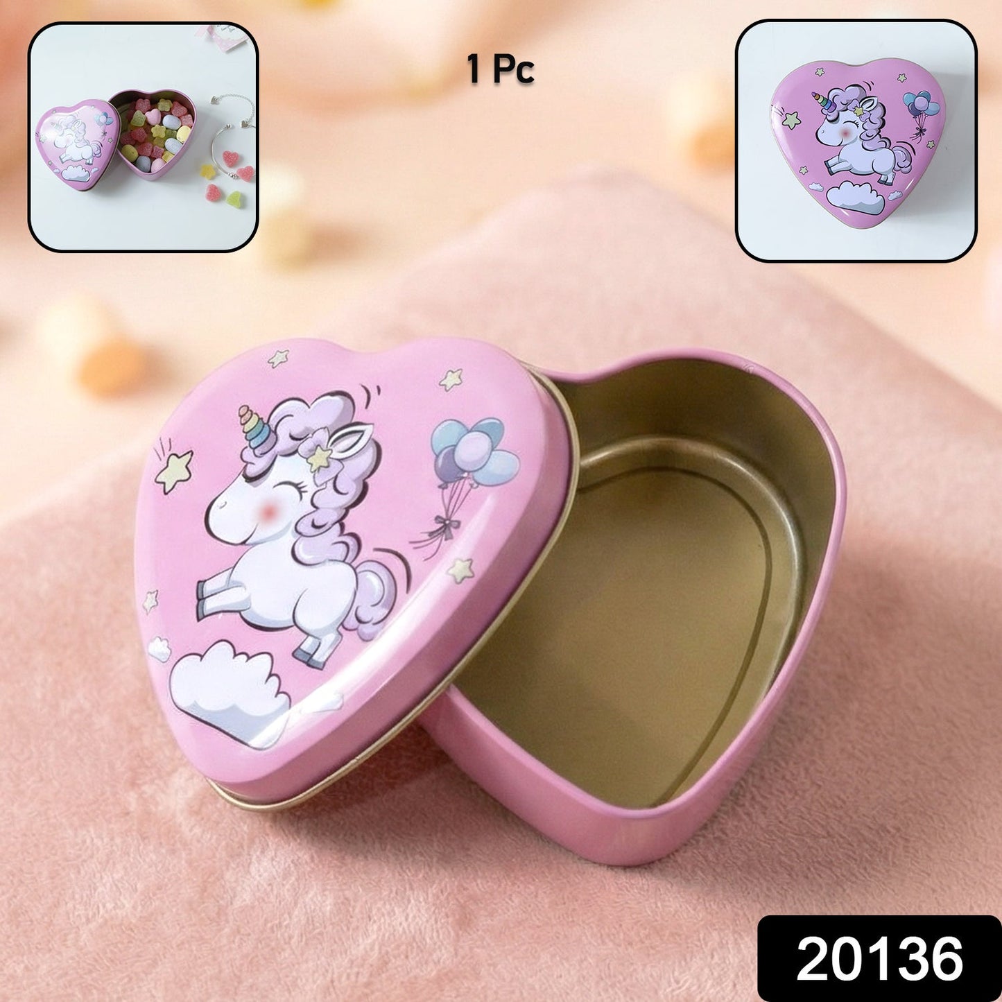 Decorative metal unicorn tin box in heart shape for organizing small items