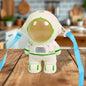 Kids astronaut water bottle with straw and shoulder strap on a white background.