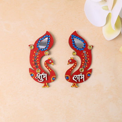 Handcrafted wooden Shubh Labh wall hanging with intricate mirror and stone decorations