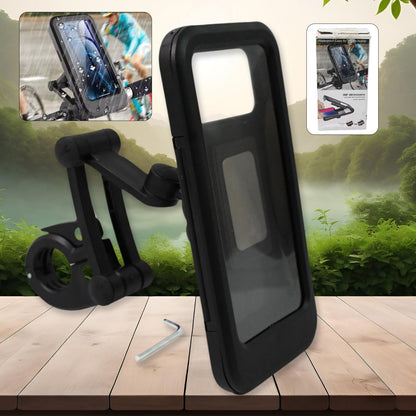 Indo Glow waterproof bike phone mount securely attached to a bicycle handlebar, showing 360° rotation.