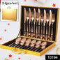 Elegant 24-piece gold flatware set with gift box on a white background.