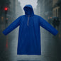 Blue waterproof hooded raincoat for men providing full rain protection.