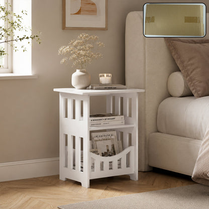 White wooden bedside table with storage rack for home decor