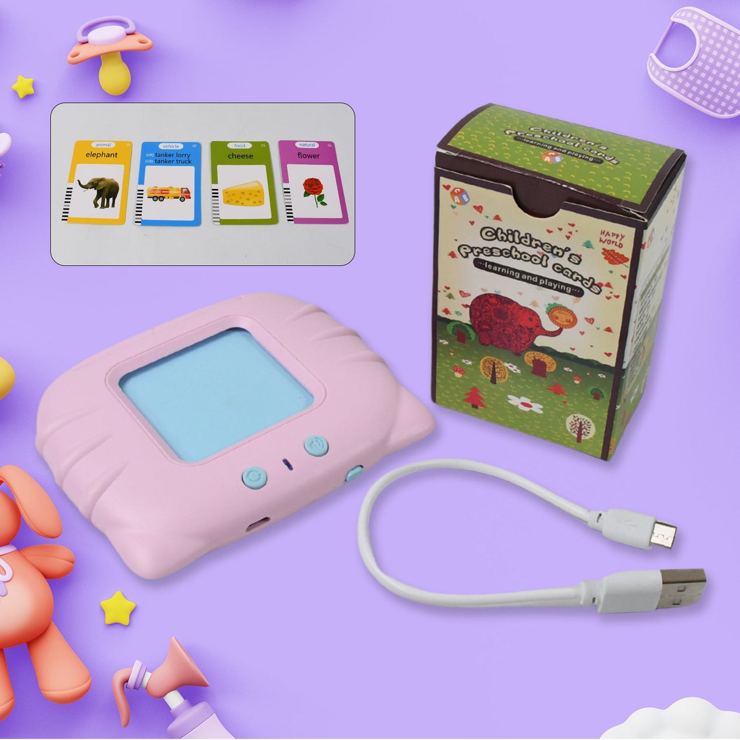 Preschool learning machine with a variety of English word flash cards.