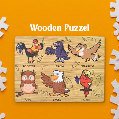 Wooden Bird Puzzle educational board with colourful bird pieces by Inventive Play.