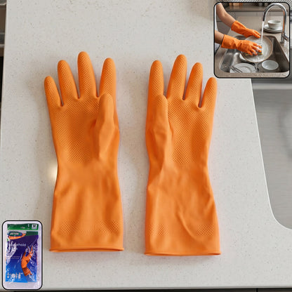 Waterproof rubber gloves in bright orange for household cleaning