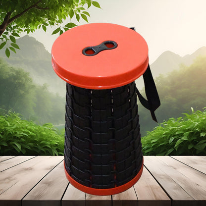 The retractable folding stool fully extended, ready for use as a comfortable seat.