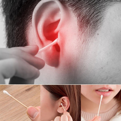 Soft cotton swabs with bamboo handles, safe for ear cleaning.