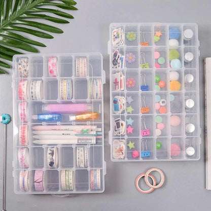 Transparent plastic organizer box with 36 compartments, ideal for beads.