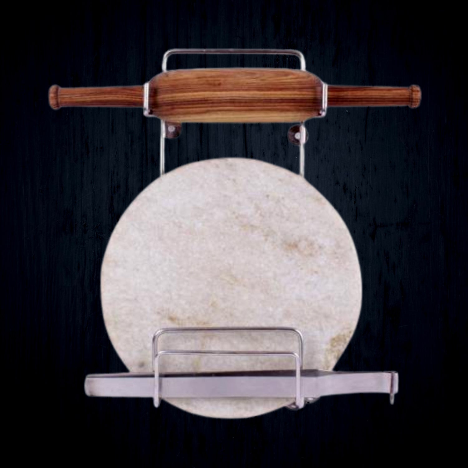 Elegant stainless steel stand securely holding a wooden rolling pin on a kitchen counter.