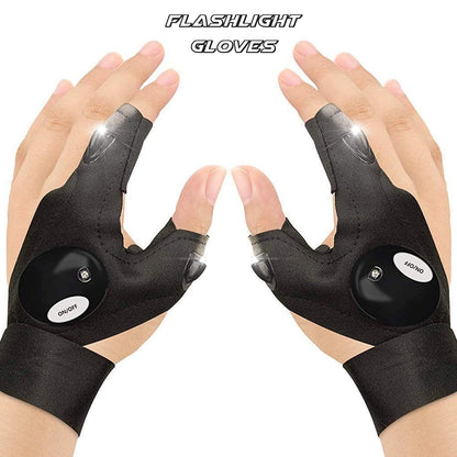 Outdoor flashlight gloves in use, brightly illuminating a path during a night hike.