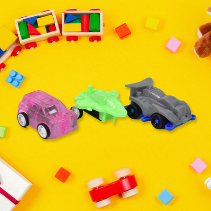 Assortment of bright pull back toy aeroplanes for kids' imaginative play.