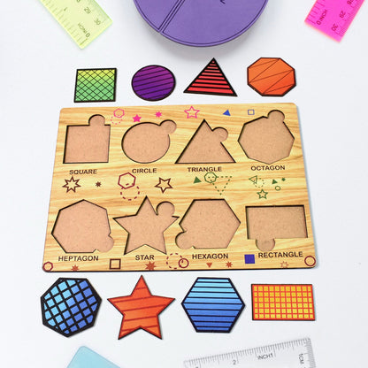 Wooden Triangle Puzzle board with colourful geometric pieces for kids' early learning.