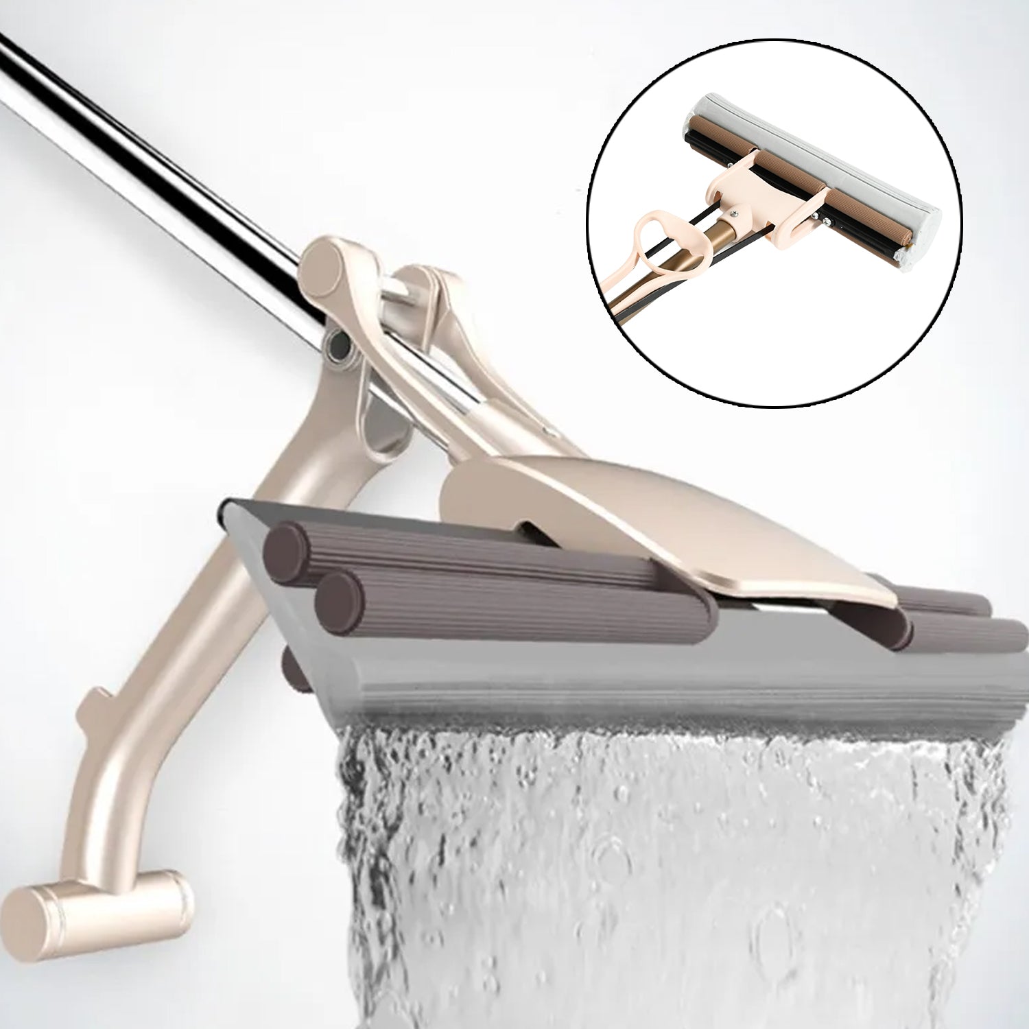 A person demonstrating the self-cleaning sponge mop with its bucket system for hands-free floor cleaning.