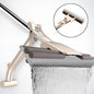 A person demonstrating the self-cleaning sponge mop with its bucket system for hands-free floor cleaning.