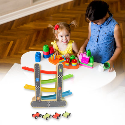 Top-down view of the wooden track showing multiple cars on different levels.