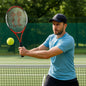 Professional tennis racket with lightweight aluminum frame in red and black design