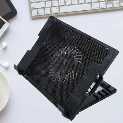 Sleek black laptop cooling pad with fan and adjustable stand, ready for use.