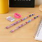 A vibrant 5-in-1 Cartoon Wooden Pencil Set displayed with all its components.