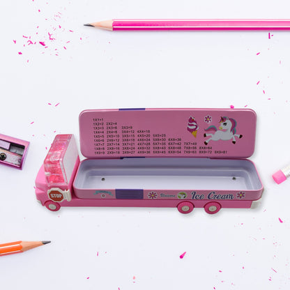 Front view of the detailed Kids Truck Pencil Case, showcasing its movable wheels and sturdy metal design.