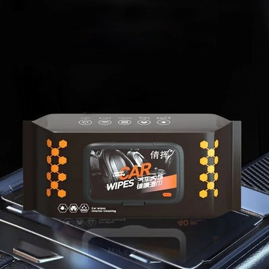Car Cleaning Wipes pack on car dashboard, ready for use