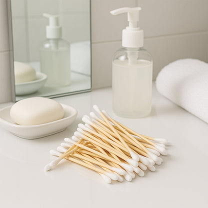 Wooden cotton buds neatly packed in a resealable pouch for easy storage