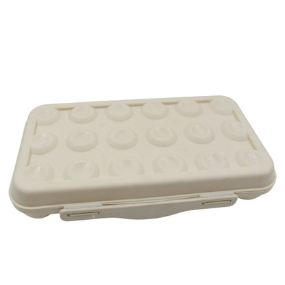 Transparent 18-grid egg storage box with a secure buckle closure.